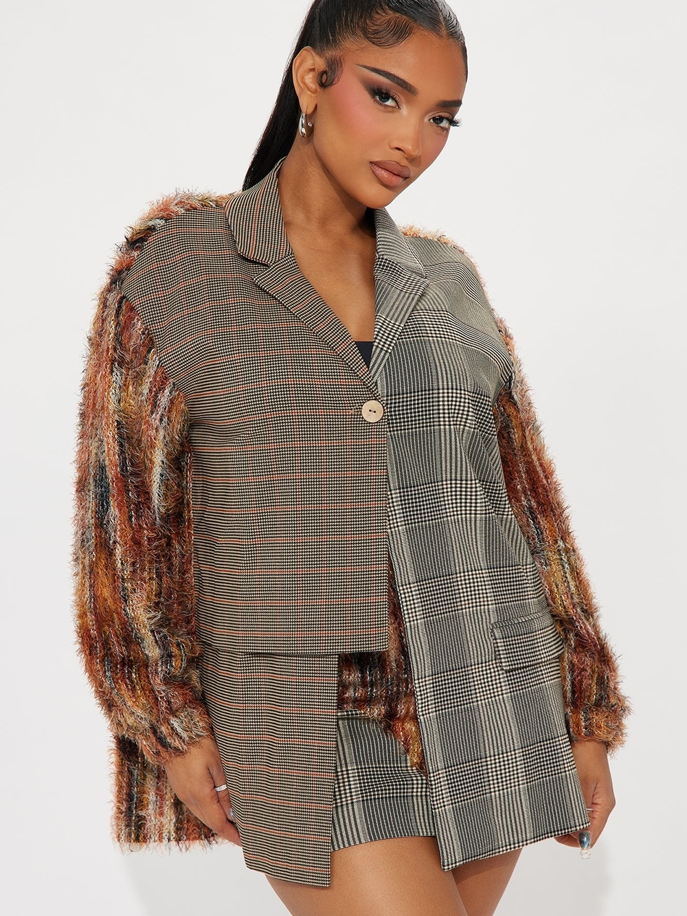 Fashion Nova "Don't Assume" Brn,Blk, Ivory Plaid Blazer Skirt Set Size M/L